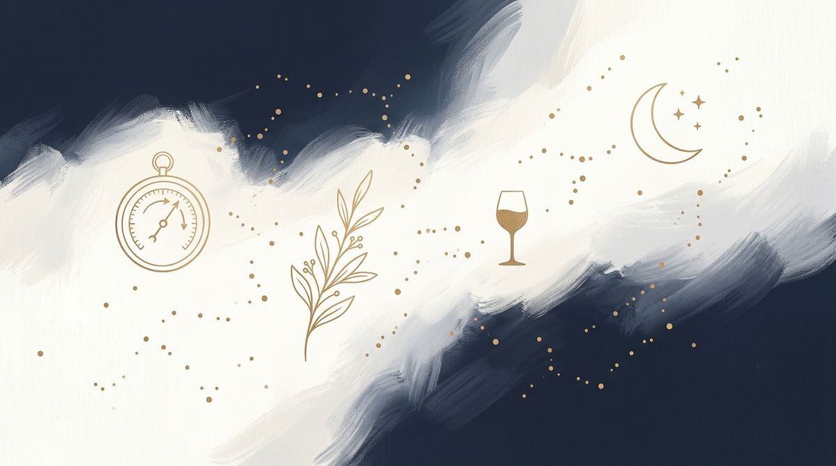 Abstrakt illustration av migräntriggers — väder, stress, mat och hormoner som utlösare
