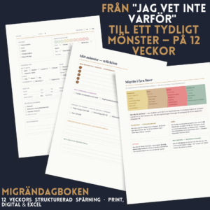 Migrändagbok — 12-veckors migrändagbok PDF på svenska med dagliga loggar, triggerspårning, hormoncykel och läkarrapport