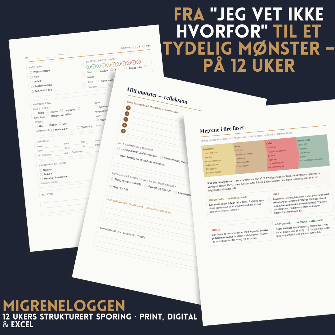 Migrenelogg — 12-ukers migrenesystem PDF på norsk med daglige logger, triggere, menssyklus og legerapport